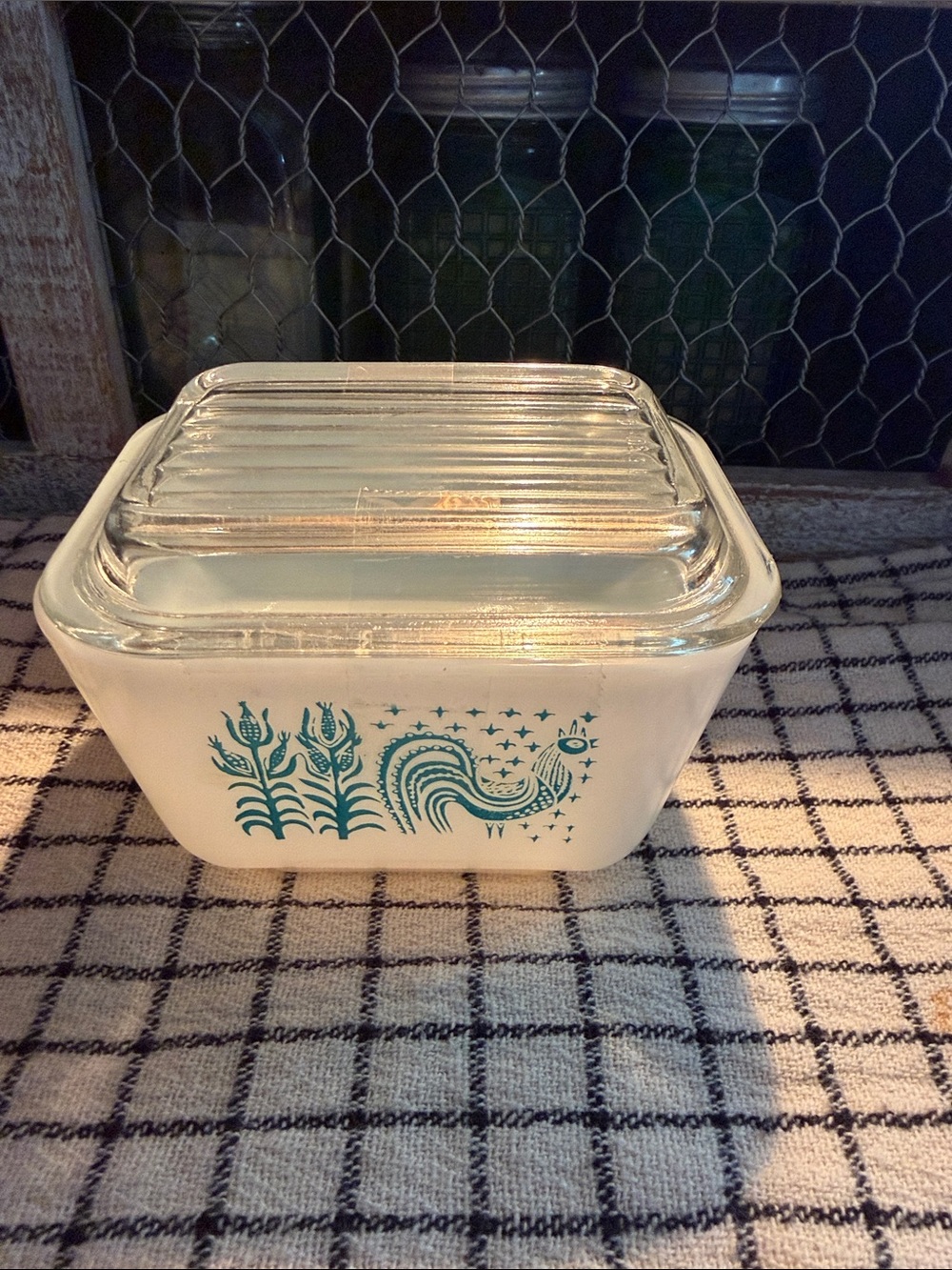 Vintage White Glass butter Dish with Teal Rooster Design.